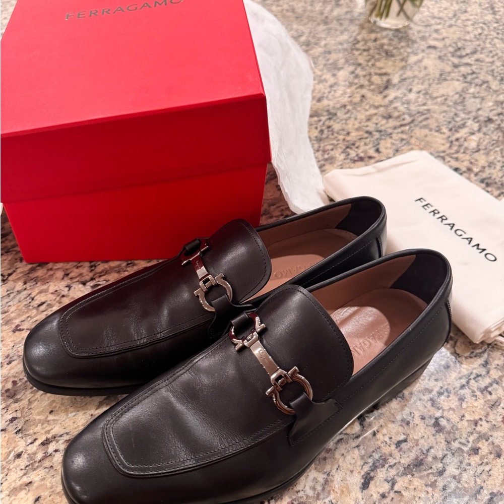 Salvatore Ferragamo Black Leather Loafers with Horsebit Detail